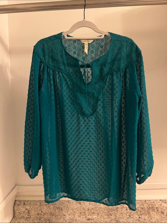 Matilda Jane Tops - Matilda Jane Teal Swiss Dot Tie-Neck Peasant Blouse
